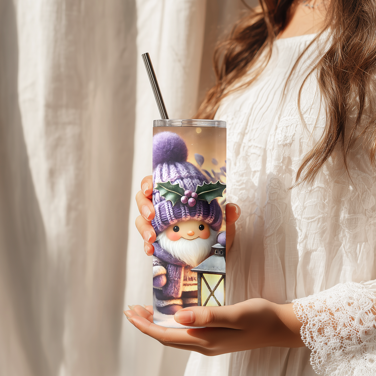 Purple Christmas Gnome 20oz Skinny Tumbler - Winter Lantern Holiday Sublimation Travel Mug