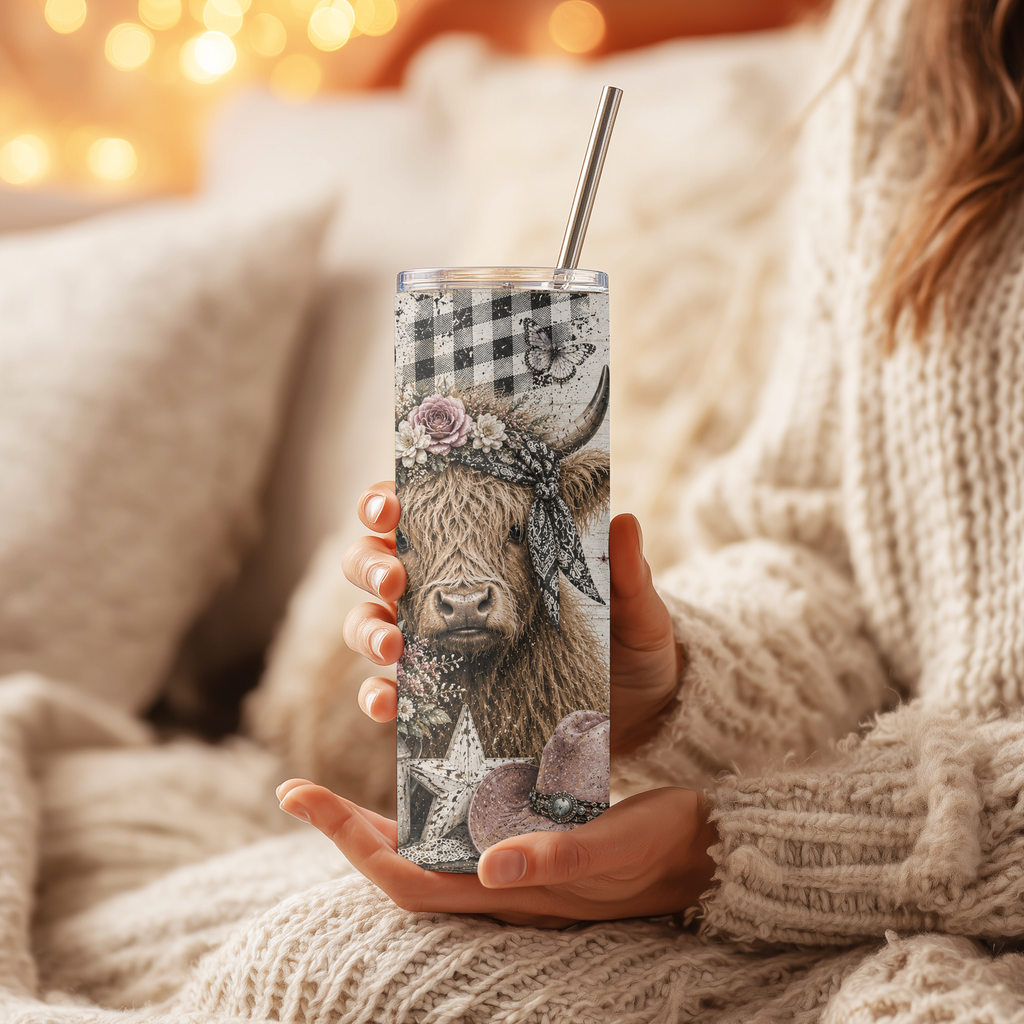 Highland Cow Country Dreams 20oz Skinny Tumbler - Faith and Country Sublimation Travel Mug