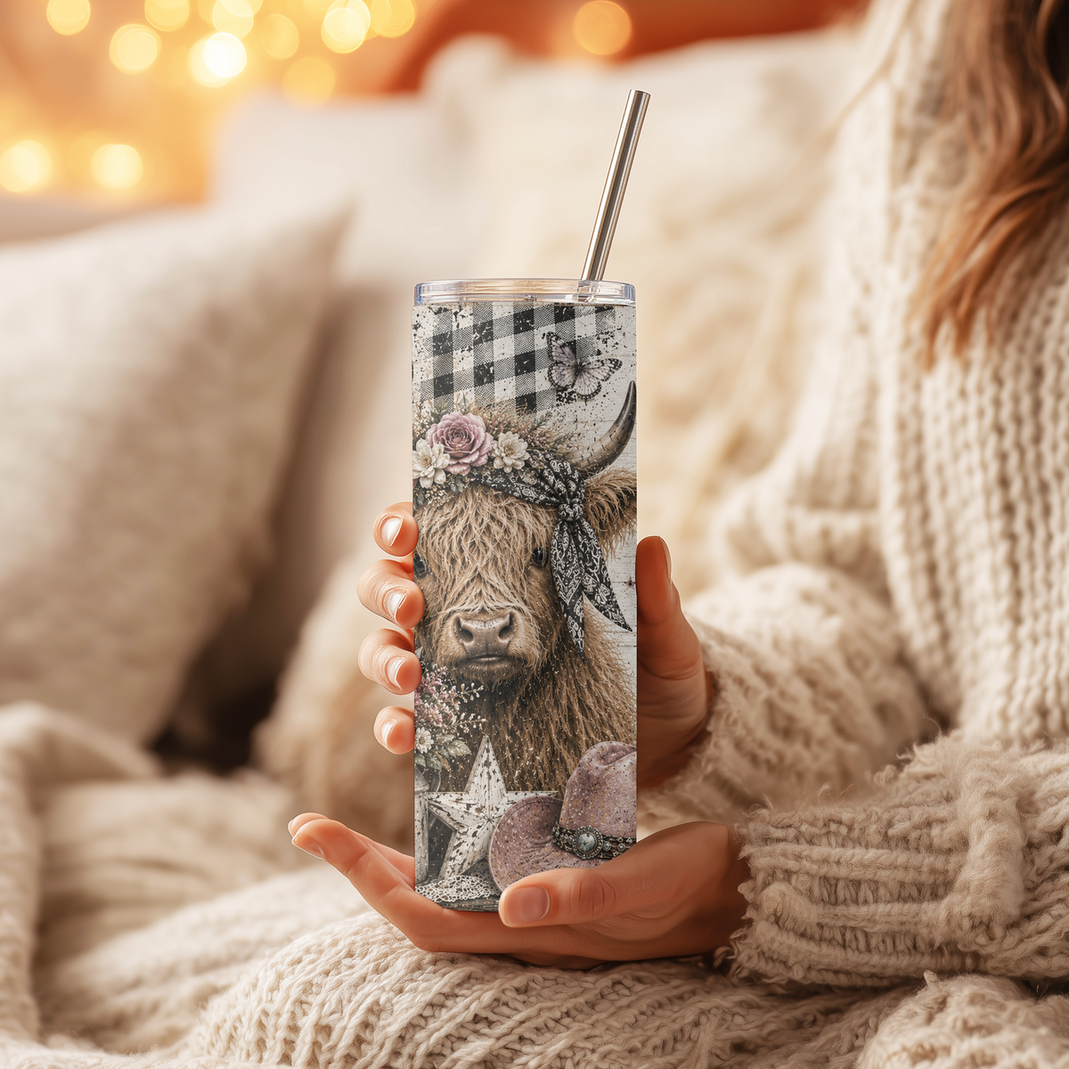 Highland Cow Country Dreams 20oz Skinny Tumbler - Faith and Country Sublimation Travel Mug