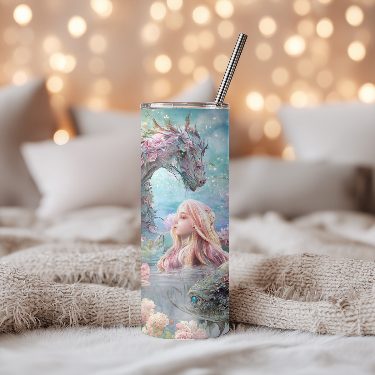 Enchanted Pastel Dragon and Mermaid 20oz Skinny Tumbler, Magical Whimsical Fantasy Stainless Steel Travel Mug