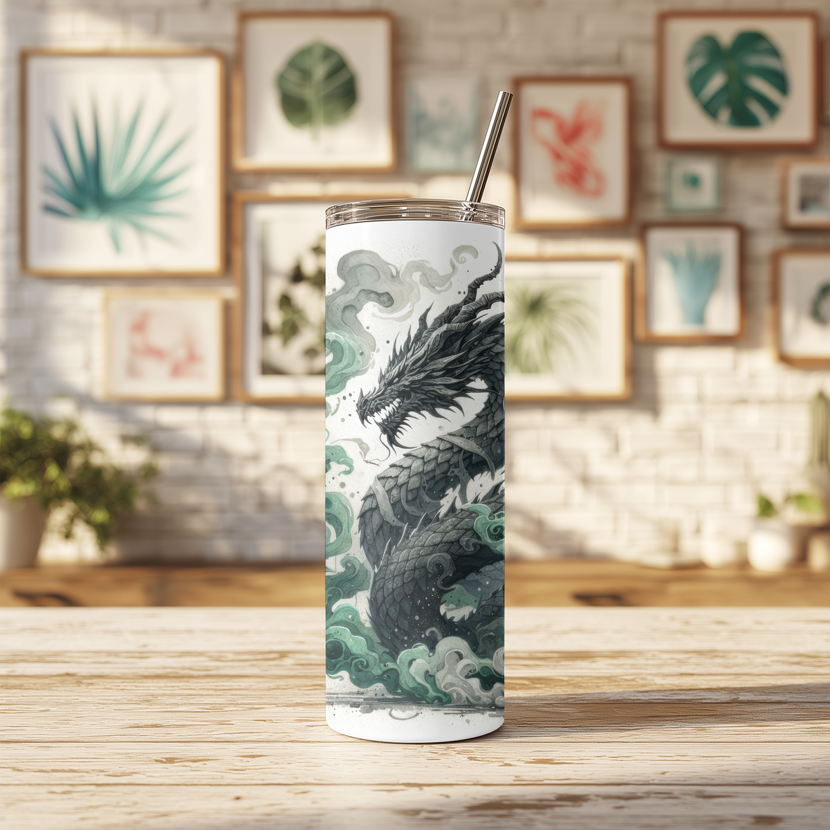 D20 Tabletop Gaming Dragon 20oz Skinny Tumbler, Gamer RPG Dice Insulated Stainless Steel Travel Mug