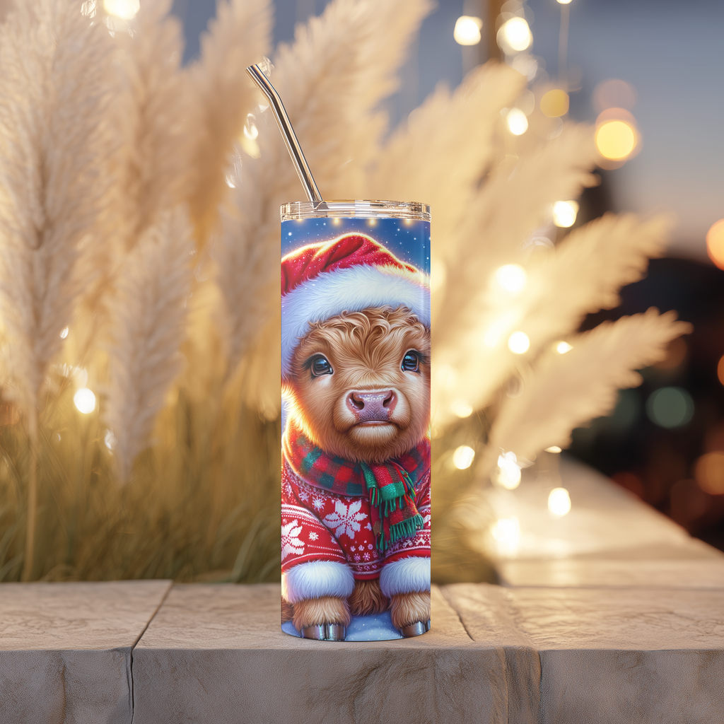 Christmas Highland Cow 20oz Skinny Tumbler, Cute Santa Calf Holiday Stainless Steel Travel Mug