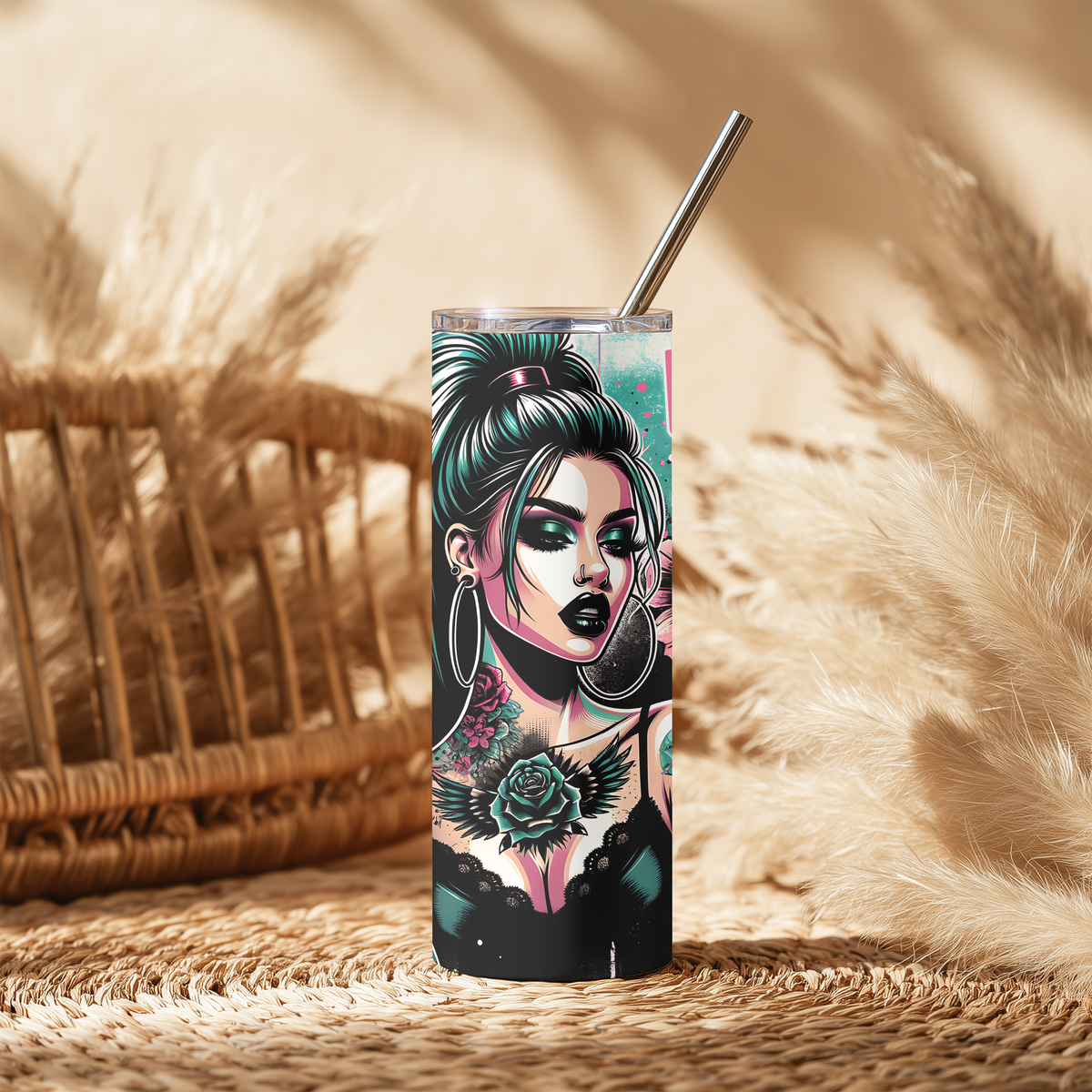 Badass Mode Goth Girl 20oz Skinny Tumbler, Edgy Tattoos and Roses Stainless Steel Travel Mug