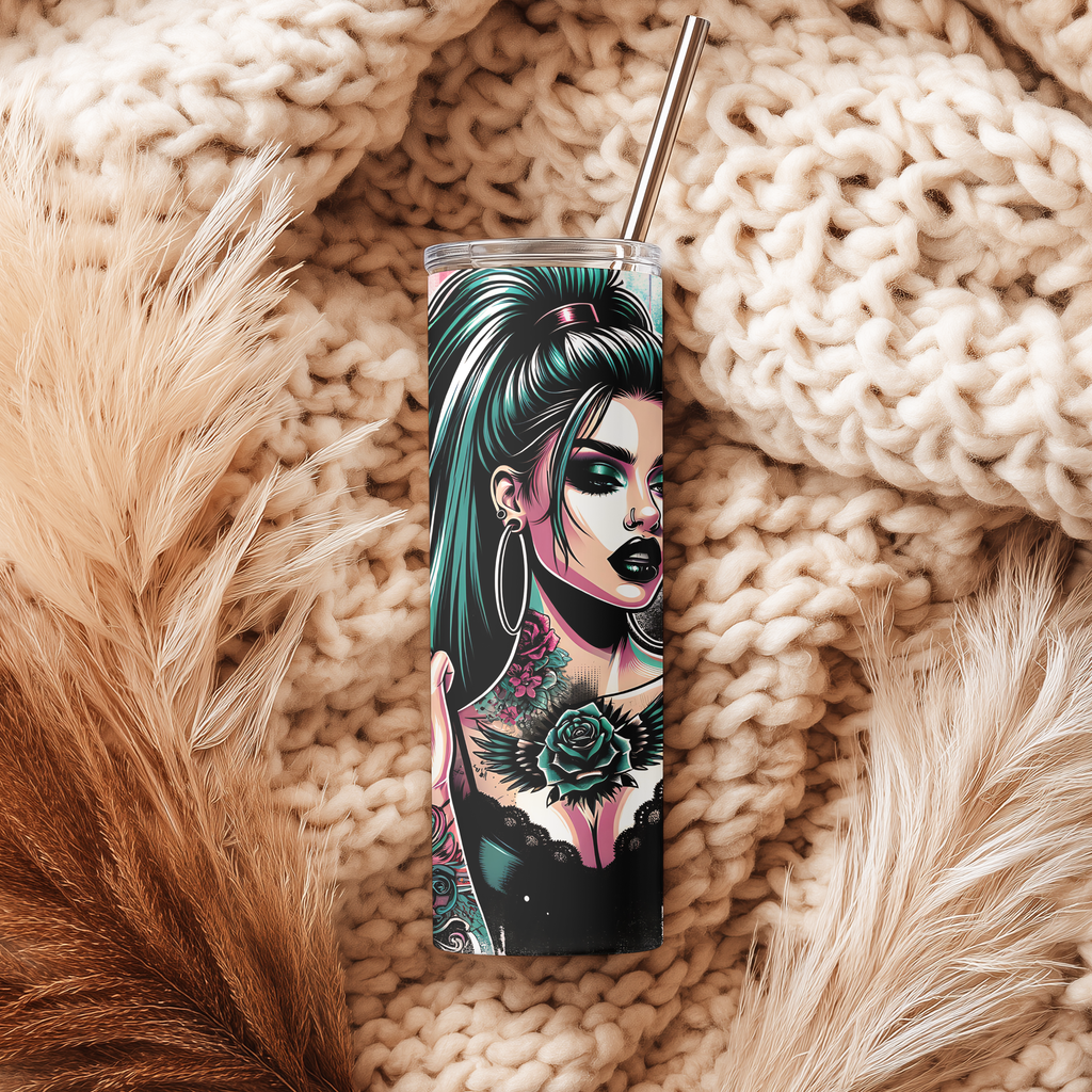Badass Mode Goth Girl 20oz Skinny Tumbler, Edgy Tattoos and Roses Stainless Steel Travel Mug