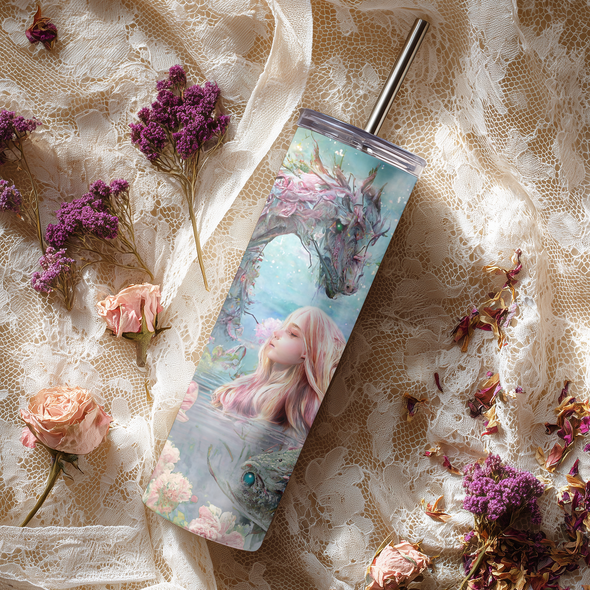 Enchanted Pastel Dragon and Mermaid 20oz Skinny Tumbler, Magical Whimsical Fantasy Stainless Steel Travel Mug