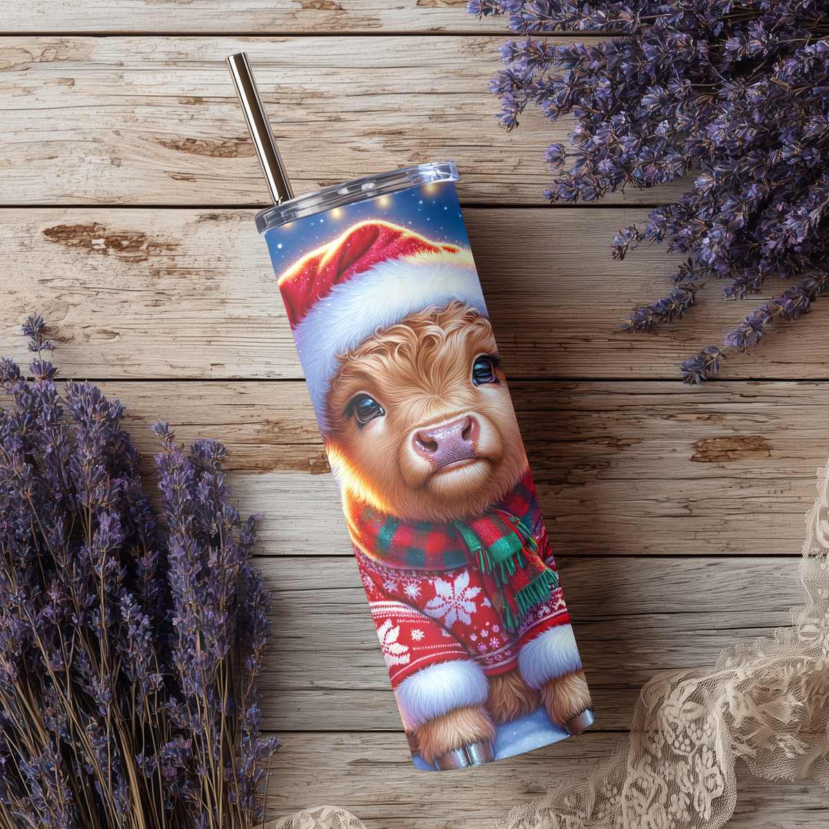 Christmas Highland Cow 20oz Skinny Tumbler, Cute Santa Calf Holiday Stainless Steel Travel Mug