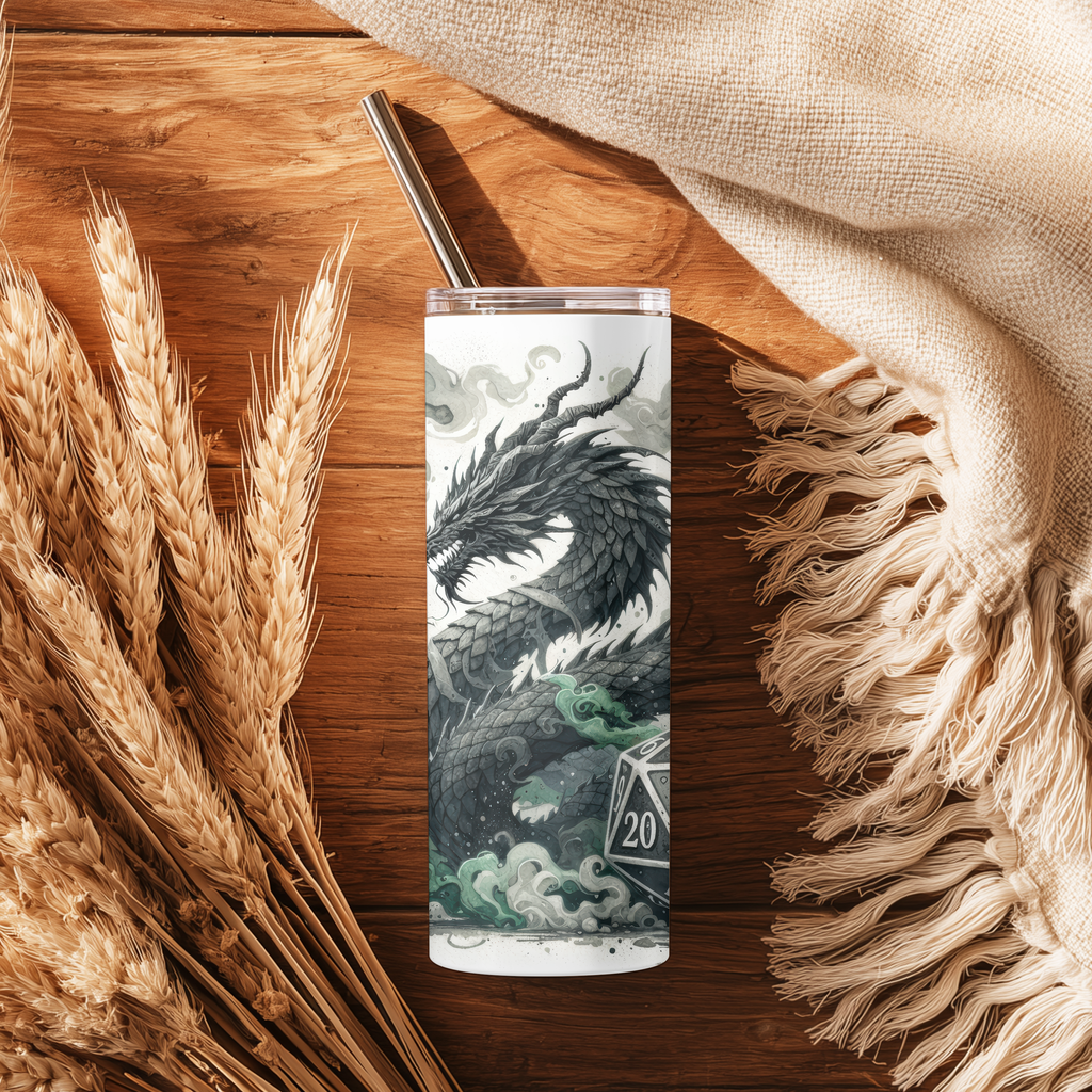 D20 Tabletop Gaming Dragon 20oz Skinny Tumbler, Gamer RPG Dice Insulated Stainless Steel Travel Mug