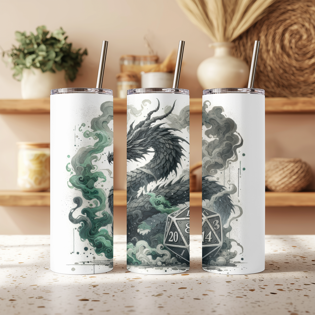 D20 Tabletop Gaming Dragon 20oz Skinny Tumbler, Gamer RPG Dice Insulated Stainless Steel Travel Mug