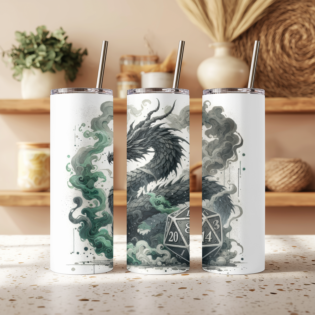 D20 Tabletop Gaming Dragon 20oz Skinny Tumbler, Gamer RPG Dice Insulated Stainless Steel Travel Mug