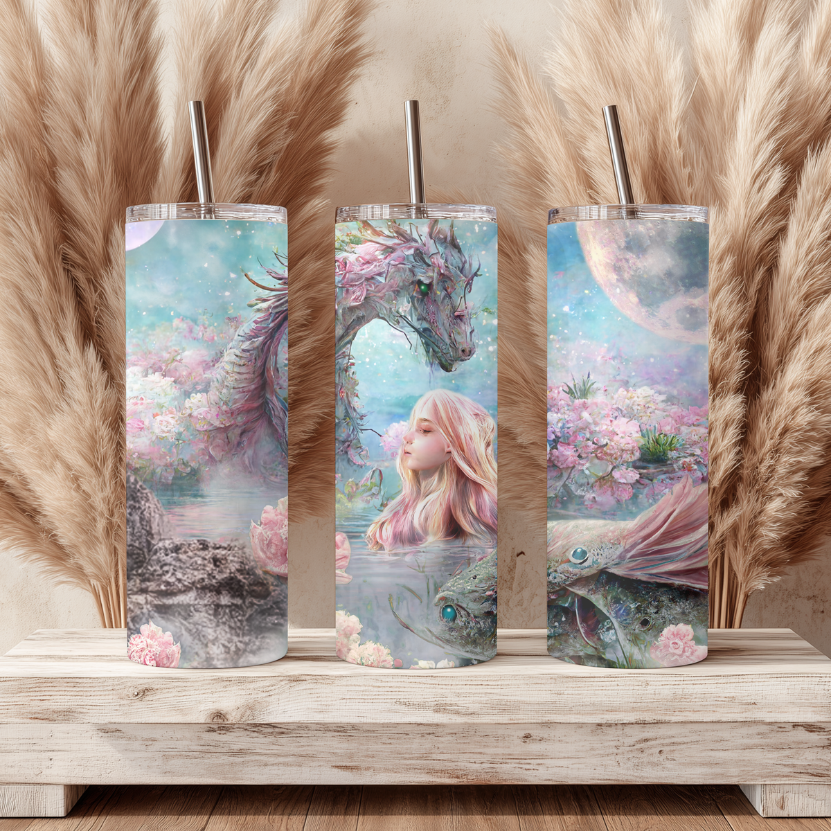 Enchanted Pastel Dragon and Mermaid 20oz Skinny Tumbler, Magical Whimsical Fantasy Stainless Steel Travel Mug