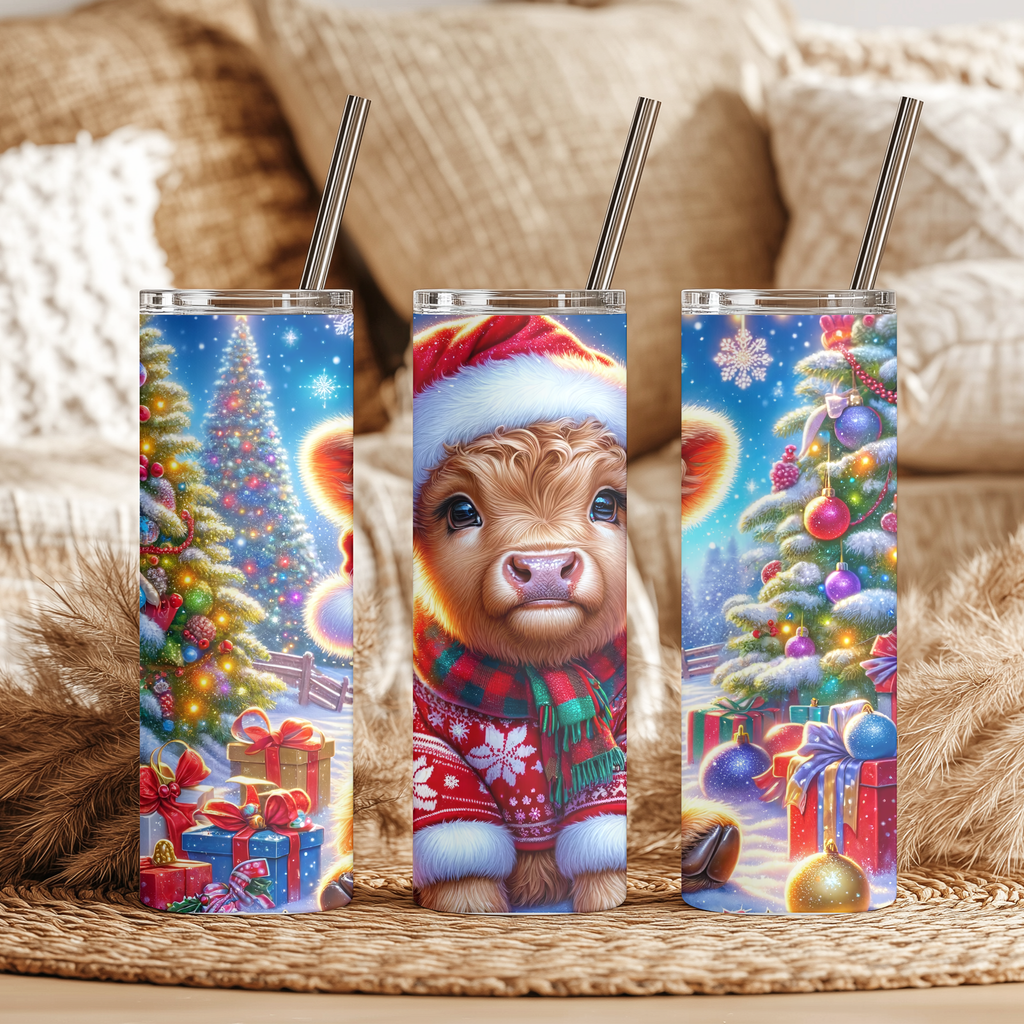 Christmas Highland Cow 20oz Skinny Tumbler, Cute Santa Calf Holiday Stainless Steel Travel Mug