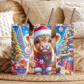 Christmas Highland Cow 20oz Skinny Tumbler, Cute Santa Calf Holiday Stainless Steel Travel Mug