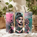 Badass Mode Goth Girl 20oz Skinny Tumbler, Edgy Tattoos and Roses Stainless Steel Travel Mug