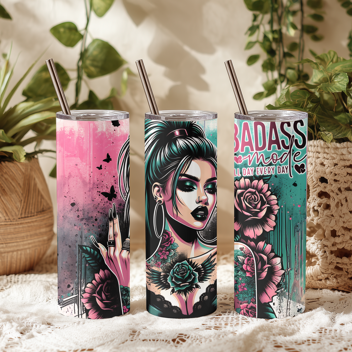 Badass Mode Goth Girl 20oz Skinny Tumbler, Edgy Tattoos and Roses Stainless Steel Travel Mug