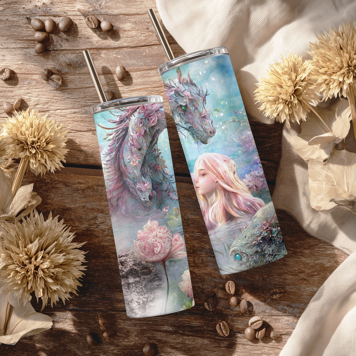 Enchanted Pastel Dragon and Mermaid 20oz Skinny Tumbler, Magical Whimsical Fantasy Stainless Steel Travel Mug