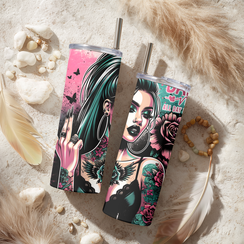 Badass Mode Goth Girl 20oz Skinny Tumbler, Edgy Tattoos and Roses Stainless Steel Travel Mug