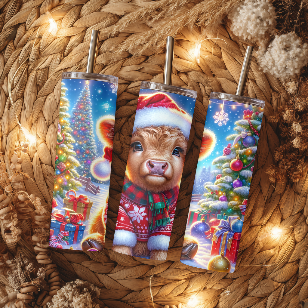 Christmas Highland Cow 20oz Skinny Tumbler, Cute Santa Calf Holiday Stainless Steel Travel Mug