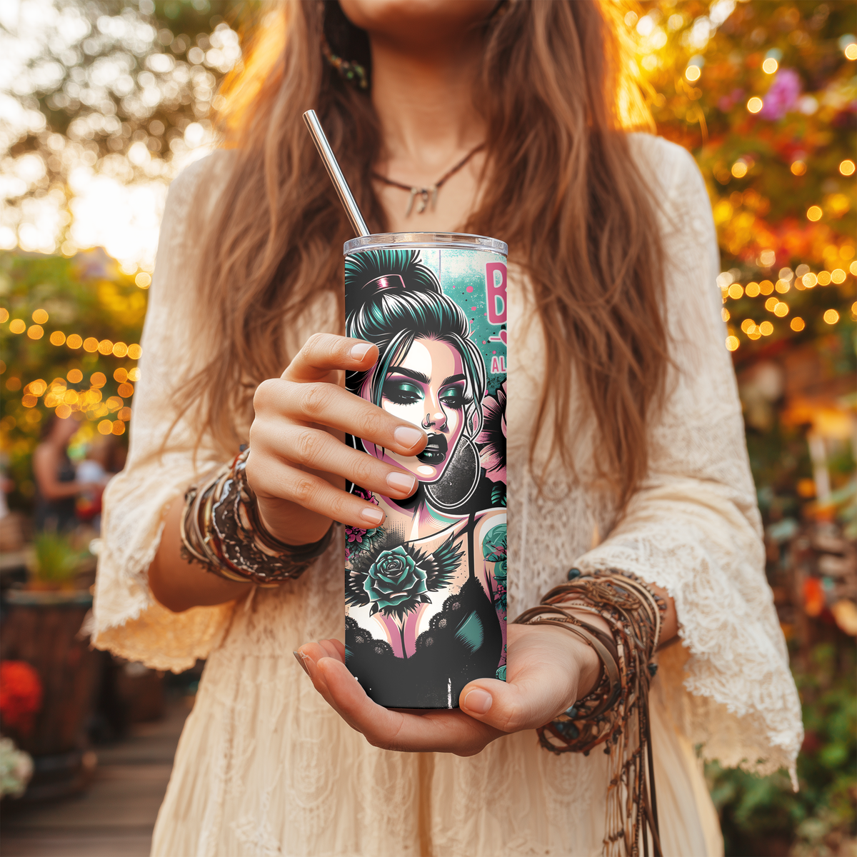 Badass Mode Goth Girl 20oz Skinny Tumbler, Edgy Tattoos and Roses Stainless Steel Travel Mug