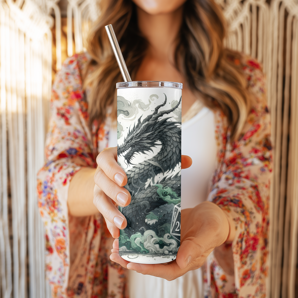 D20 Tabletop Gaming Dragon 20oz Skinny Tumbler, Gamer RPG Dice Insulated Stainless Steel Travel Mug