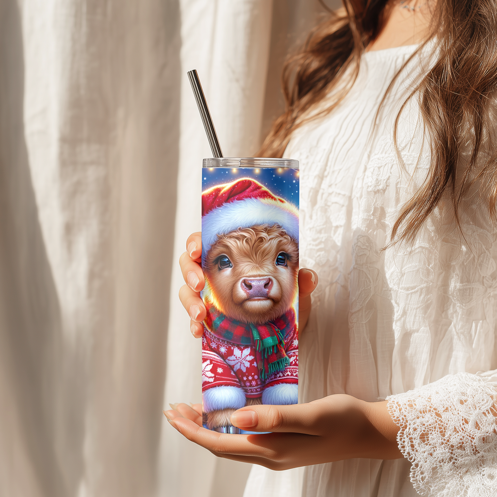 Christmas Highland Cow 20oz Skinny Tumbler, Cute Santa Calf Holiday Stainless Steel Travel Mug
