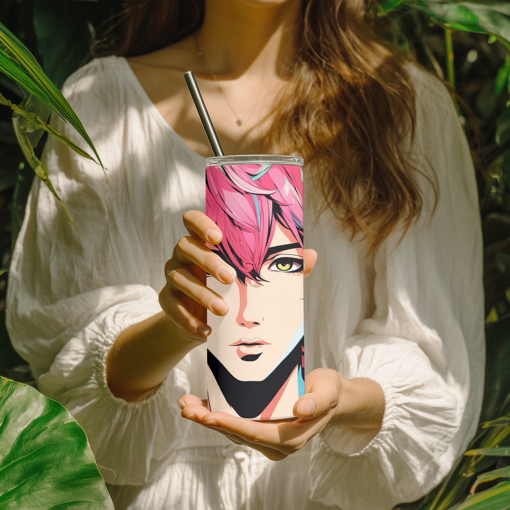 Anime Boy 20oz Skinny Tumbler with Straw | Vibrant Pink Hair Pop Art Anime Cup