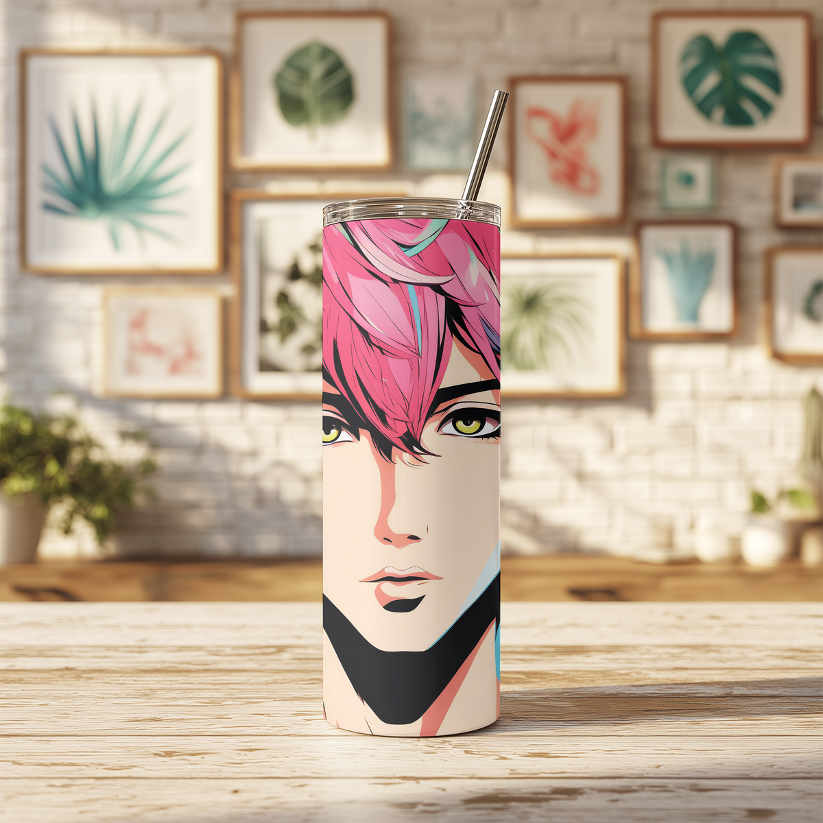 Anime Boy 20oz Skinny Tumbler with Straw | Vibrant Pink Hair Pop Art Anime Cup