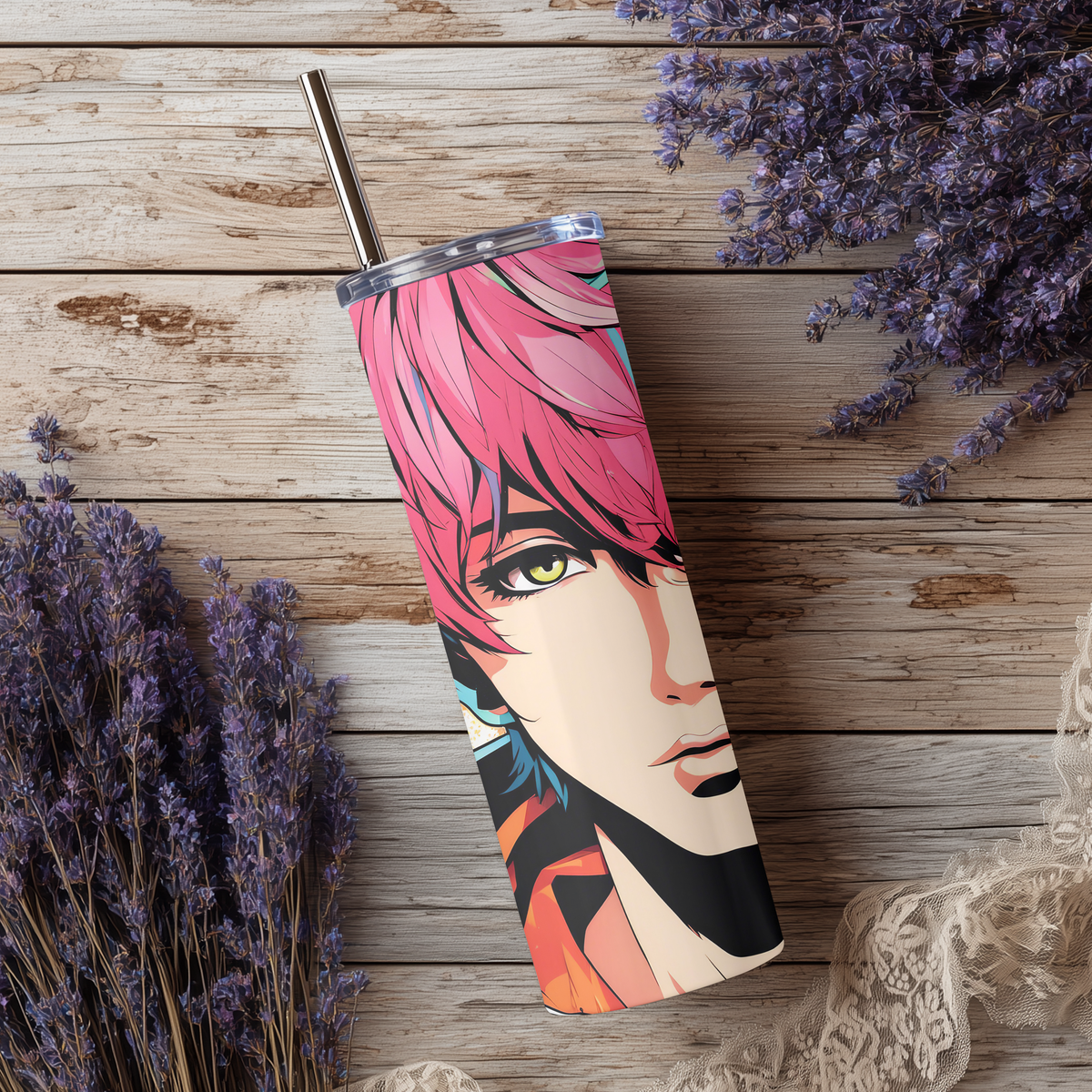 Anime Boy 20oz Skinny Tumbler with Straw | Vibrant Pink Hair Pop Art Anime Cup