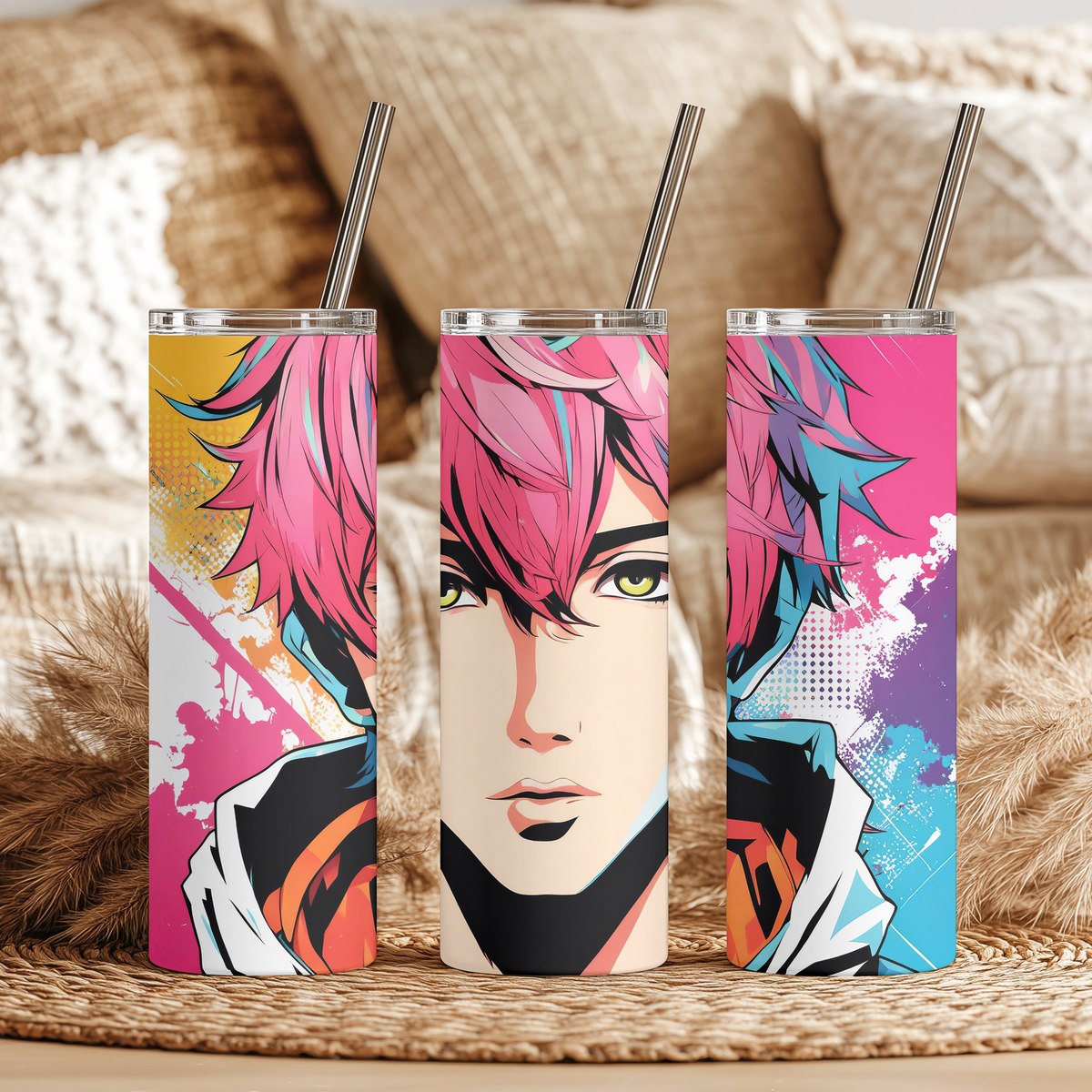 Anime Boy 20oz Skinny Tumbler with Straw | Vibrant Pink Hair Pop Art Anime Cup