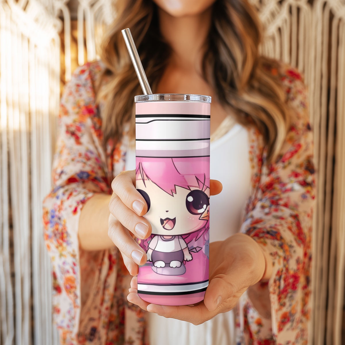 Cute Anime Girl Boba Cup 20oz Skinny Tumbler with Straw | Pink Kawaii Bubble Tea Mug