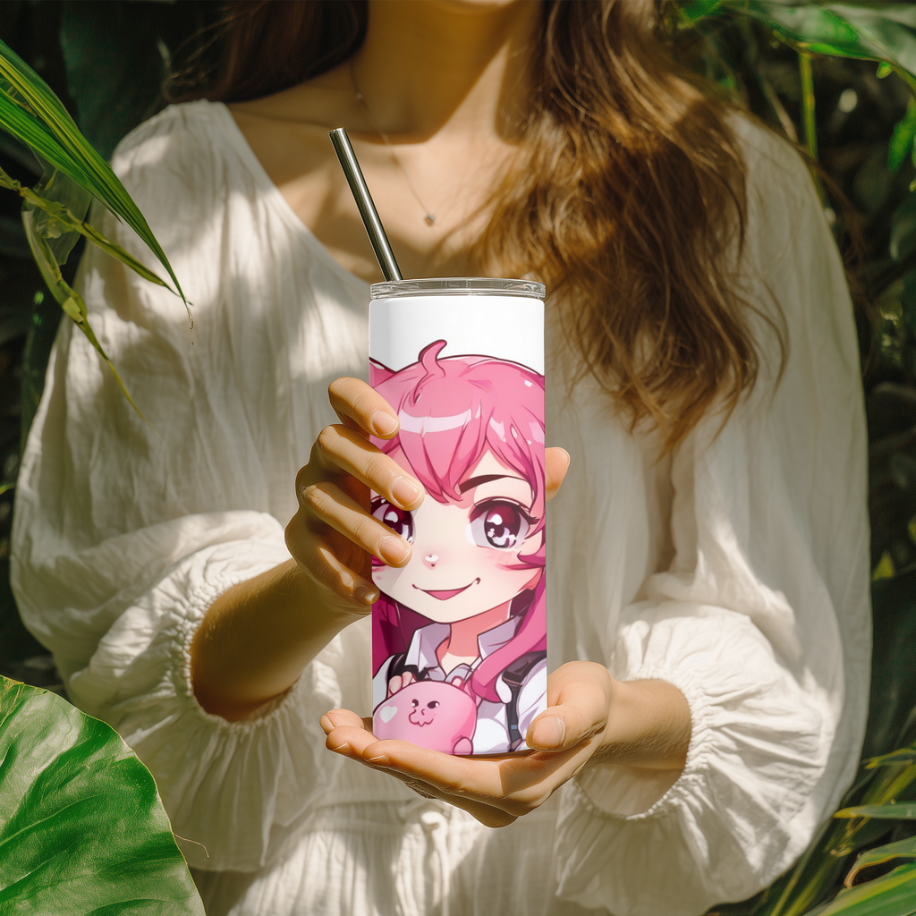Cute Anime Cat Girl 20oz Skinny Tumbler with Straw | Pink Neko Chibi Cup