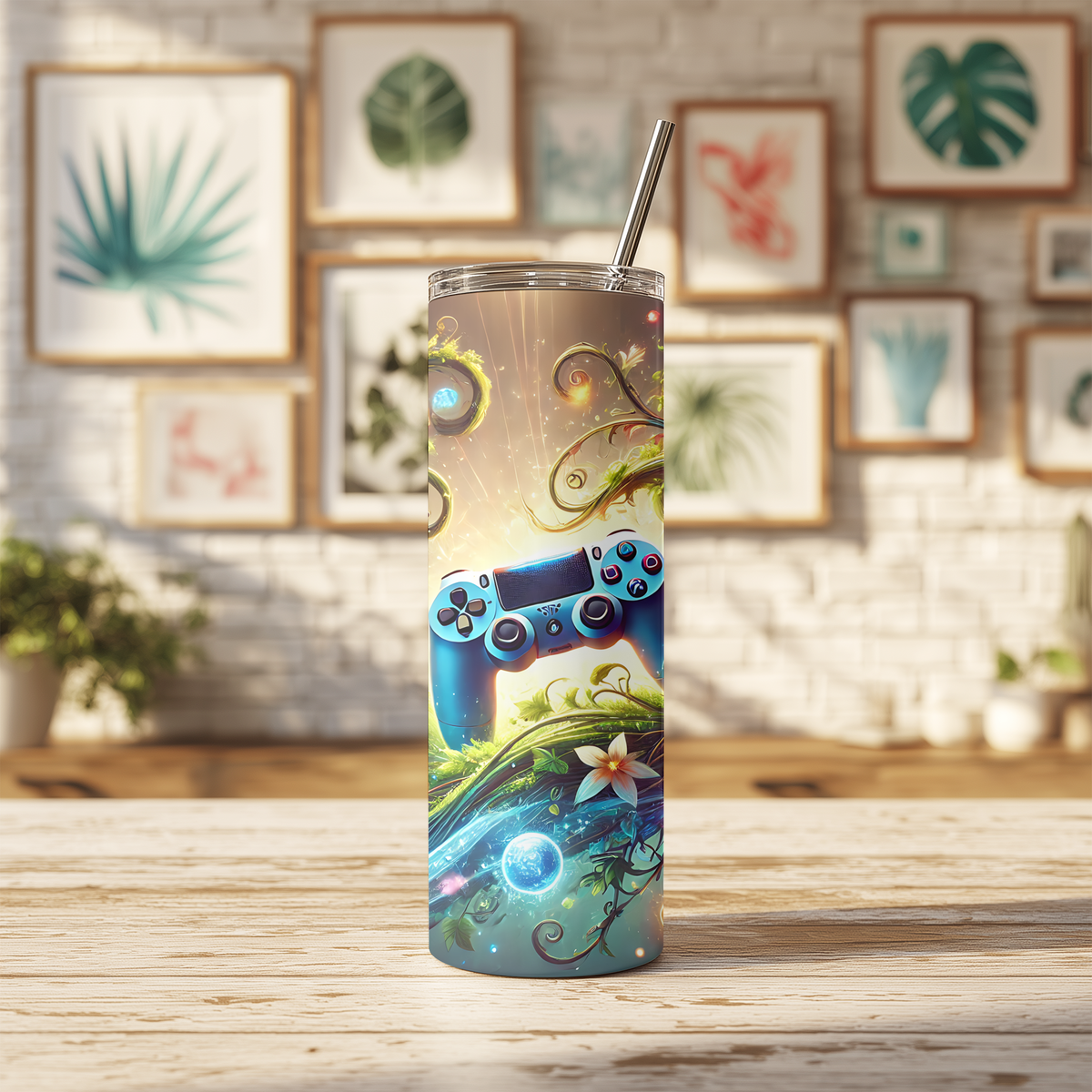 Fantasy Gaming Controller 20oz Skinny Tumbler | Mystic Floral Enchanted Gamer Cup with Straw