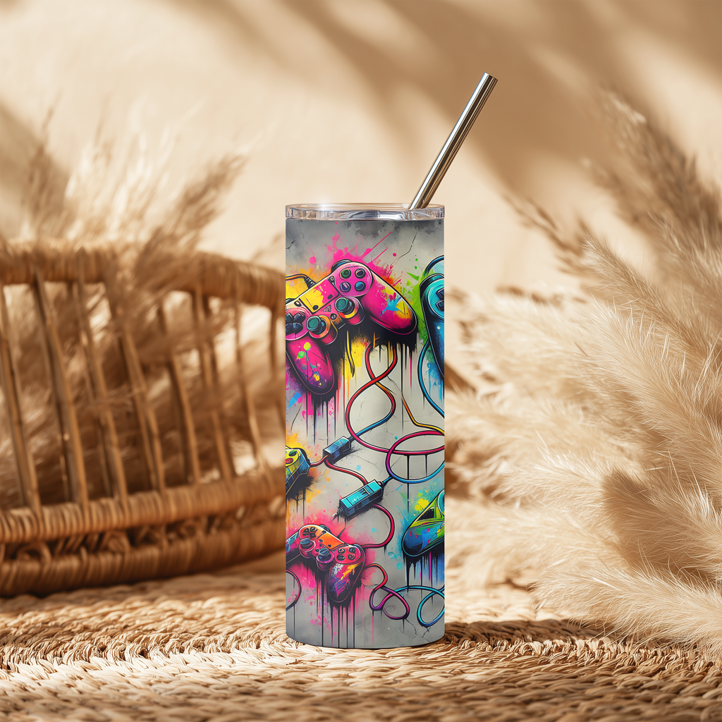 Retro Graffiti Gaming Controller 20oz Skinny Tumbler | Street Art Watercolor Gamer Cup with Straw