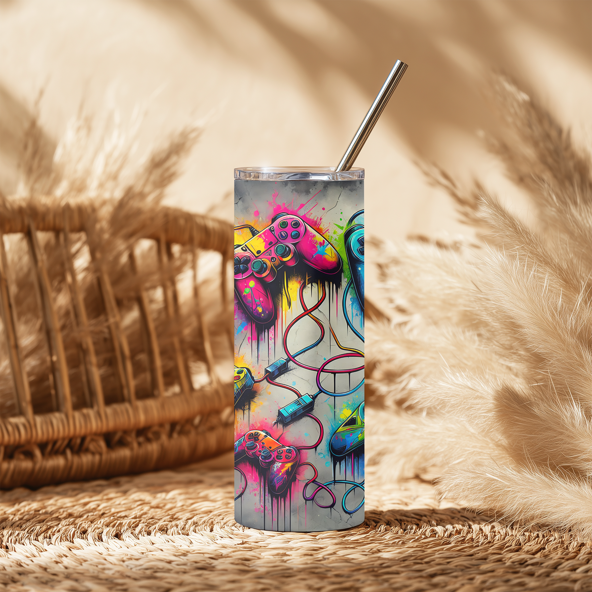 Retro Graffiti Gaming Controller 20oz Skinny Tumbler | Street Art Watercolor Gamer Cup with Straw