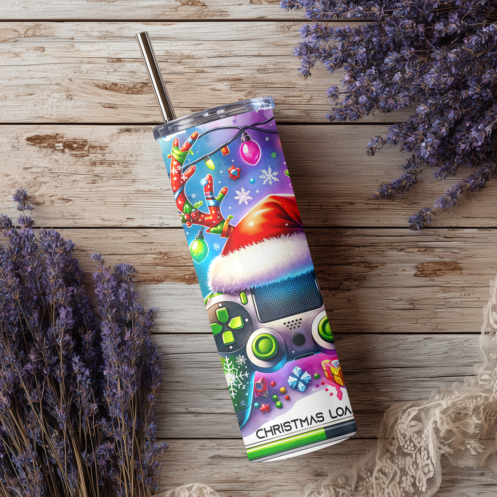 Christmas Loading Gamer 20oz Skinny Tumbler | Holiday Gaming Controller Cup with Straw