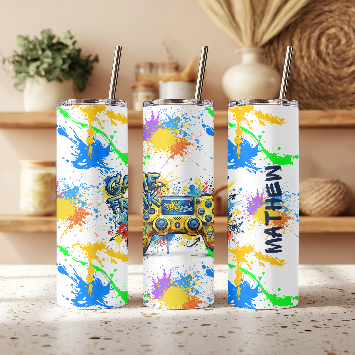 Personalized Gamer Controller 20oz Skinny Tumbler | Custom Name Splatter Paint Gaming Cup