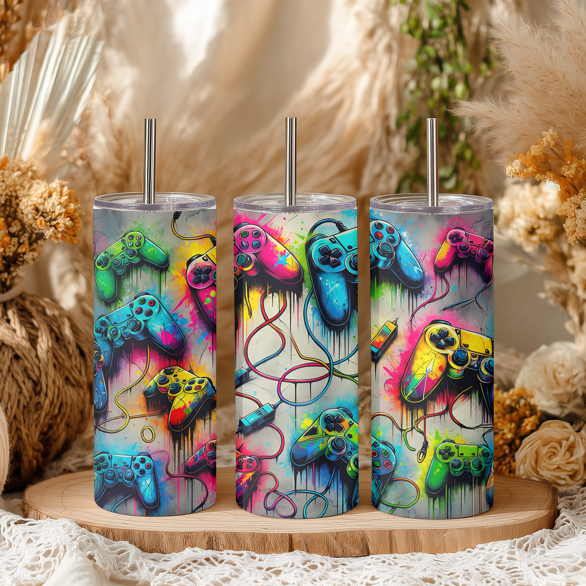 Retro Graffiti Gaming Controller 20oz Skinny Tumbler | Street Art Watercolor Gamer Cup with Straw