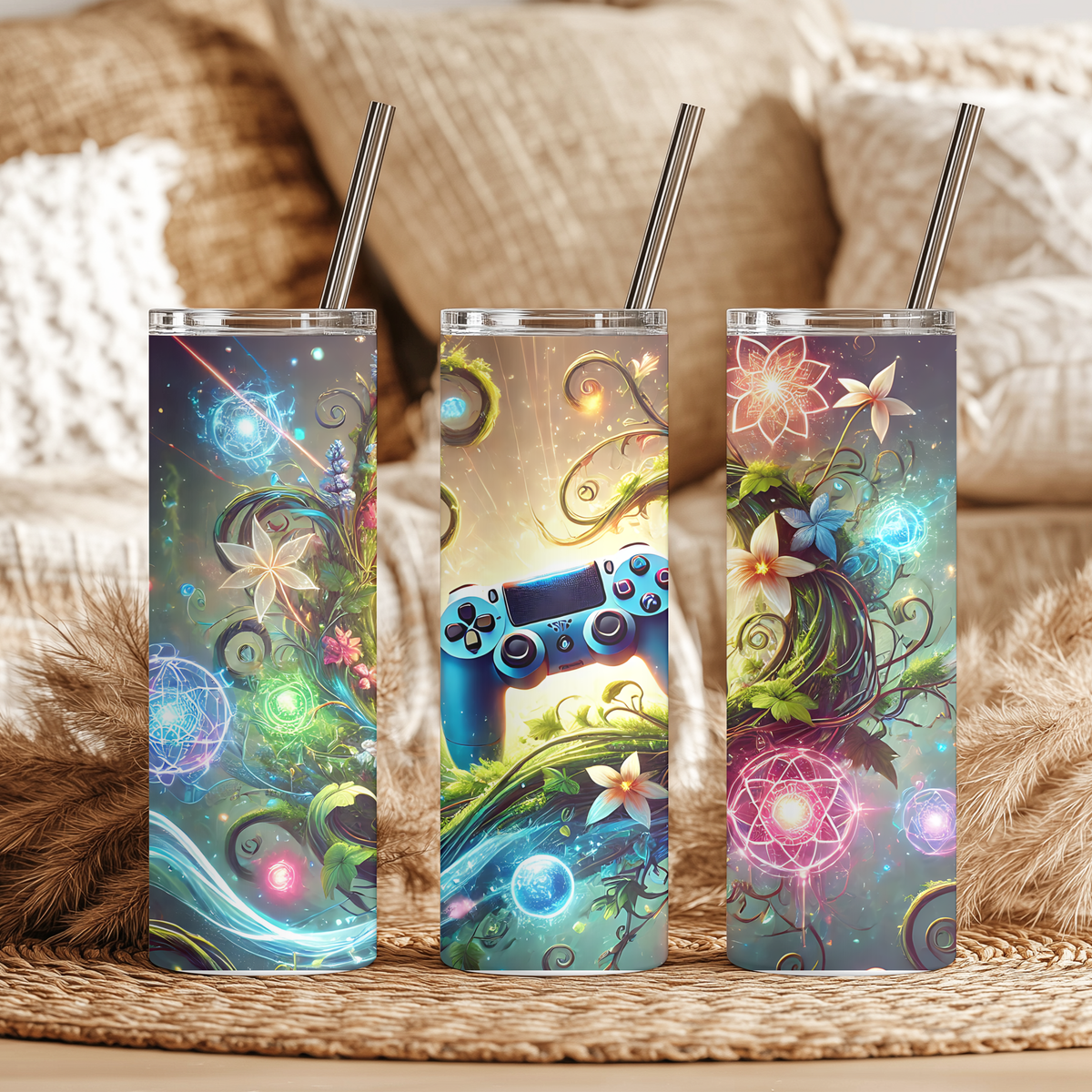 Fantasy Gaming Controller 20oz Skinny Tumbler | Mystic Floral Enchanted Gamer Cup with Straw