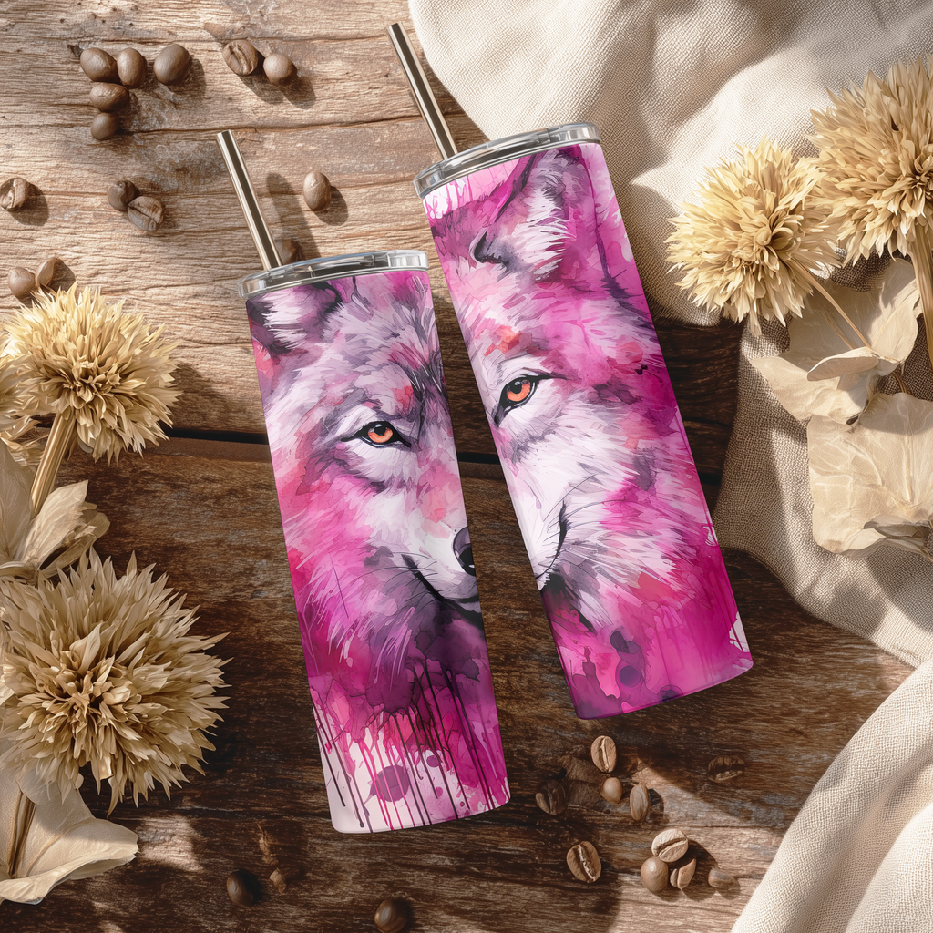 Watercolor Wolf 20oz Skinny Tumbler with Straw | Vibrant Pink Splash Wildlife Cup