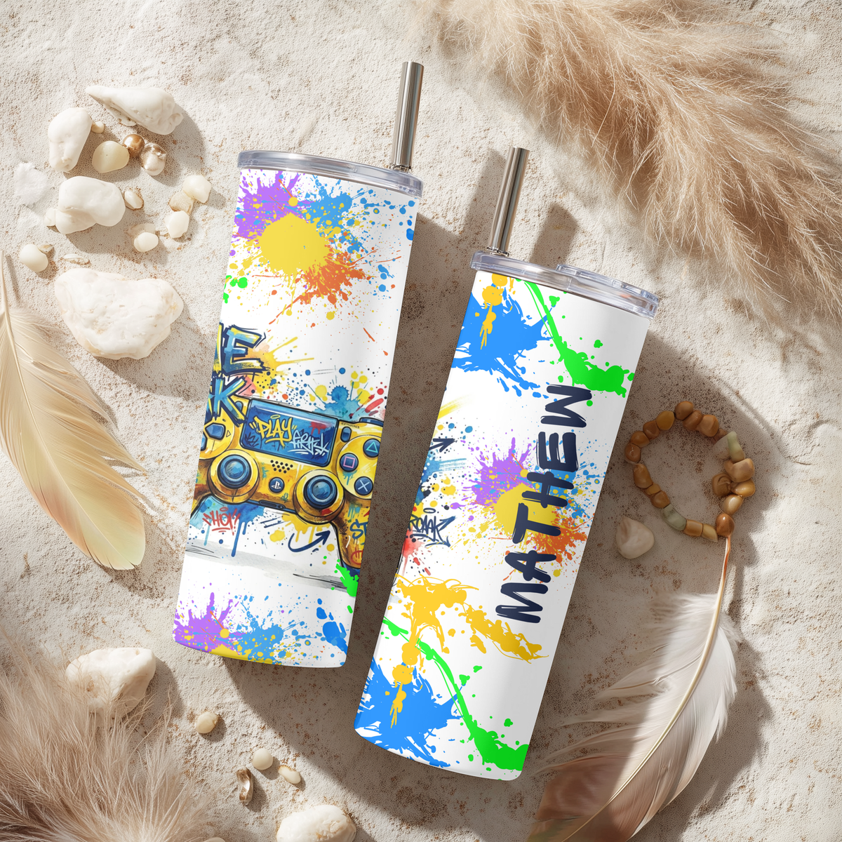 Personalized Gamer Controller 20oz Skinny Tumbler | Custom Name Splatter Paint Gaming Cup