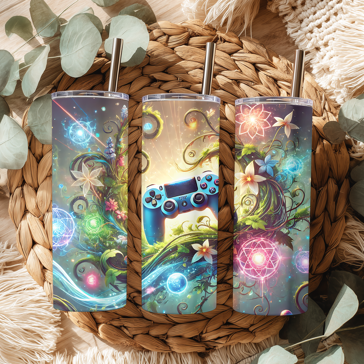 Fantasy Gaming Controller 20oz Skinny Tumbler | Mystic Floral Enchanted Gamer Cup with Straw
