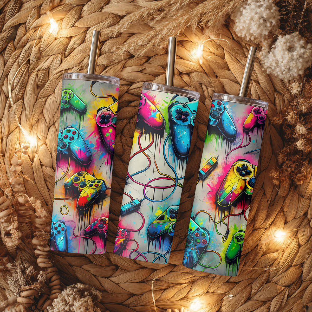 Retro Graffiti Gaming Controller 20oz Skinny Tumbler | Street Art Watercolor Gamer Cup with Straw