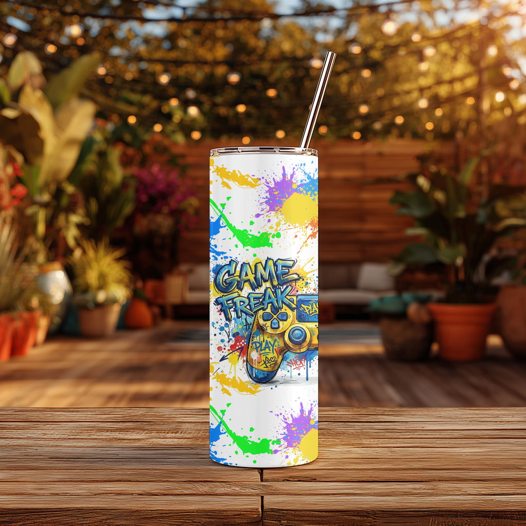 Personalized Gamer Controller 20oz Skinny Tumbler | Custom Name Splatter Paint Gaming Cup