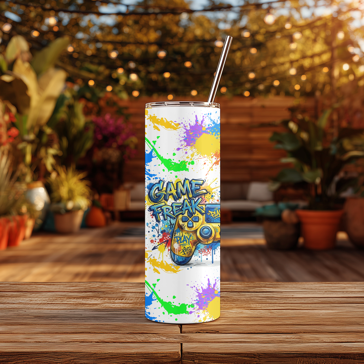 Personalized Gamer Controller 20oz Skinny Tumbler | Custom Name Splatter Paint Gaming Cup