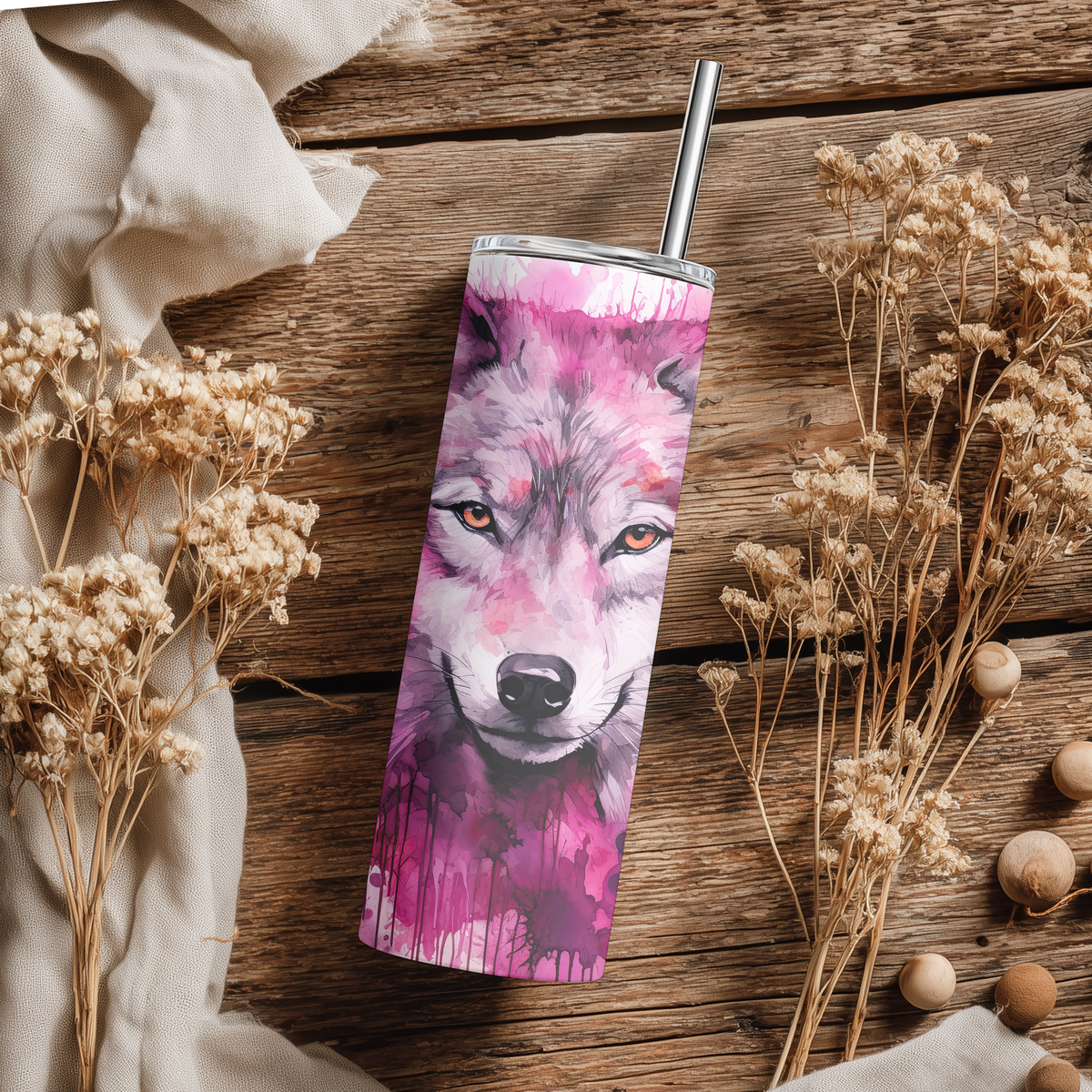 Watercolor Wolf 20oz Skinny Tumbler with Straw | Vibrant Pink Splash Wildlife Cup