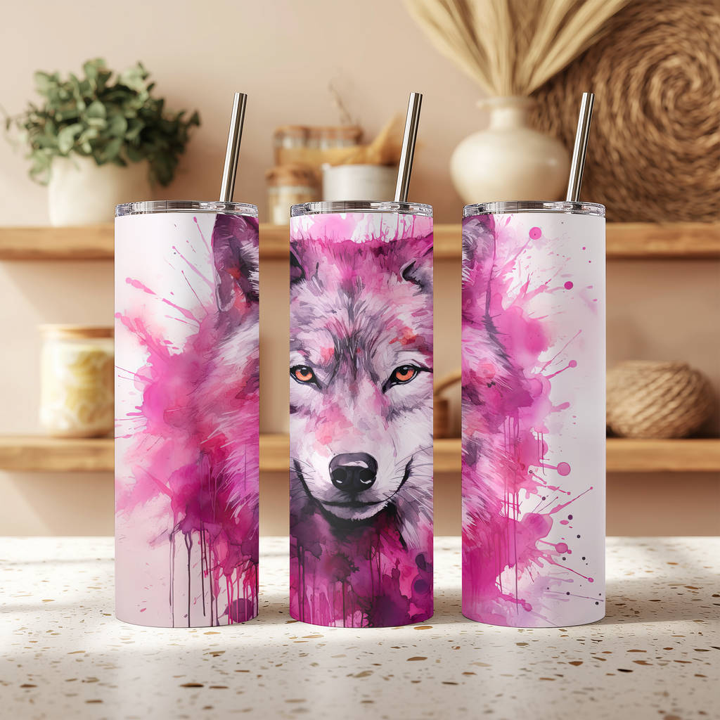 Watercolor Wolf 20oz Skinny Tumbler with Straw | Vibrant Pink Splash Wildlife Cup