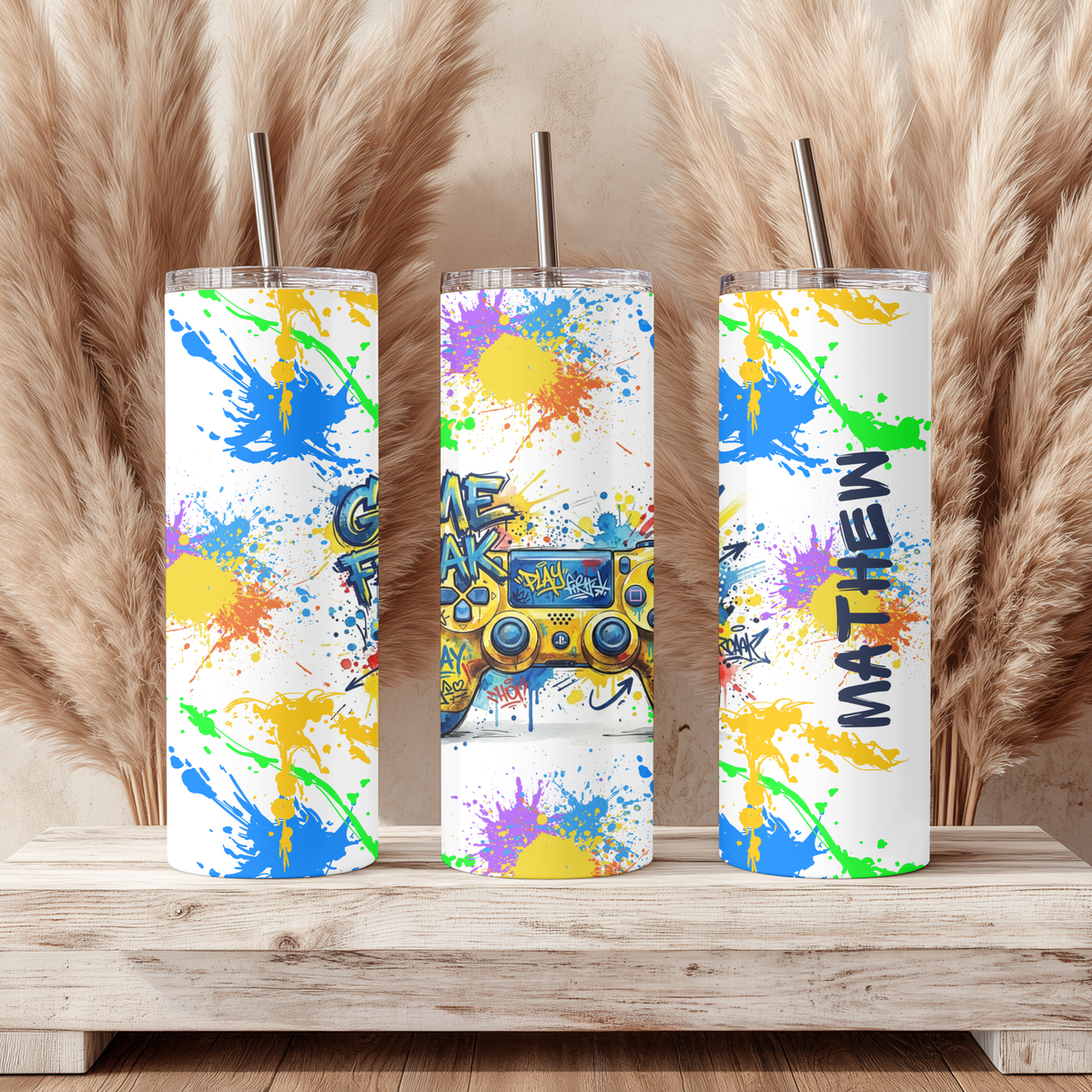Personalized Gamer Controller 20oz Skinny Tumbler | Custom Name Splatter Paint Gaming Cup
