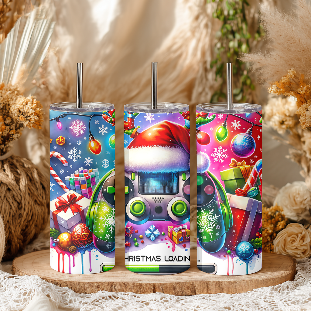 Christmas Loading Gamer 20oz Skinny Tumbler | Holiday Gaming Controller Cup with Straw
