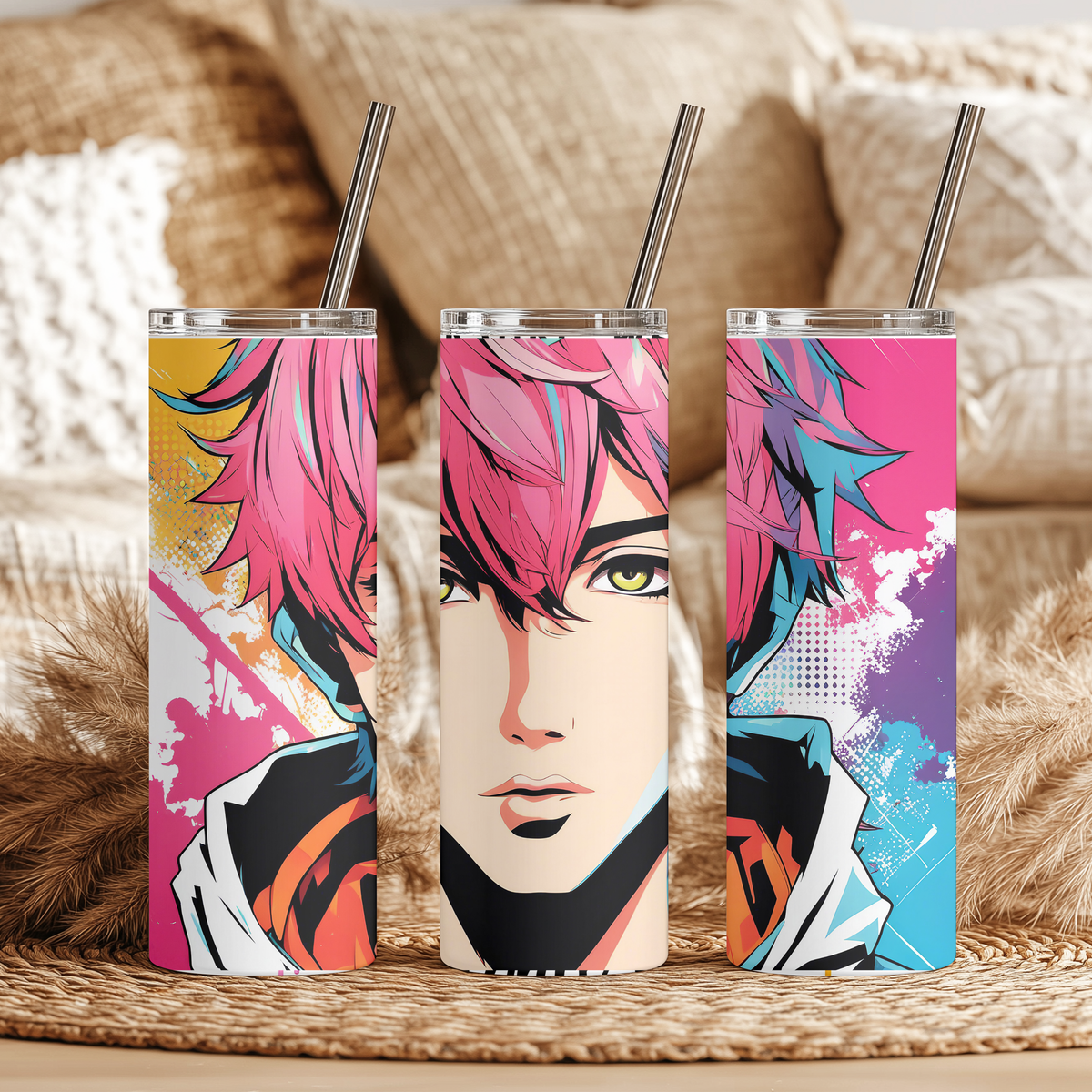 Anime Boy 20oz Skinny Tumbler with Straw | Vibrant Pink Hair Pop Art Anime Cup