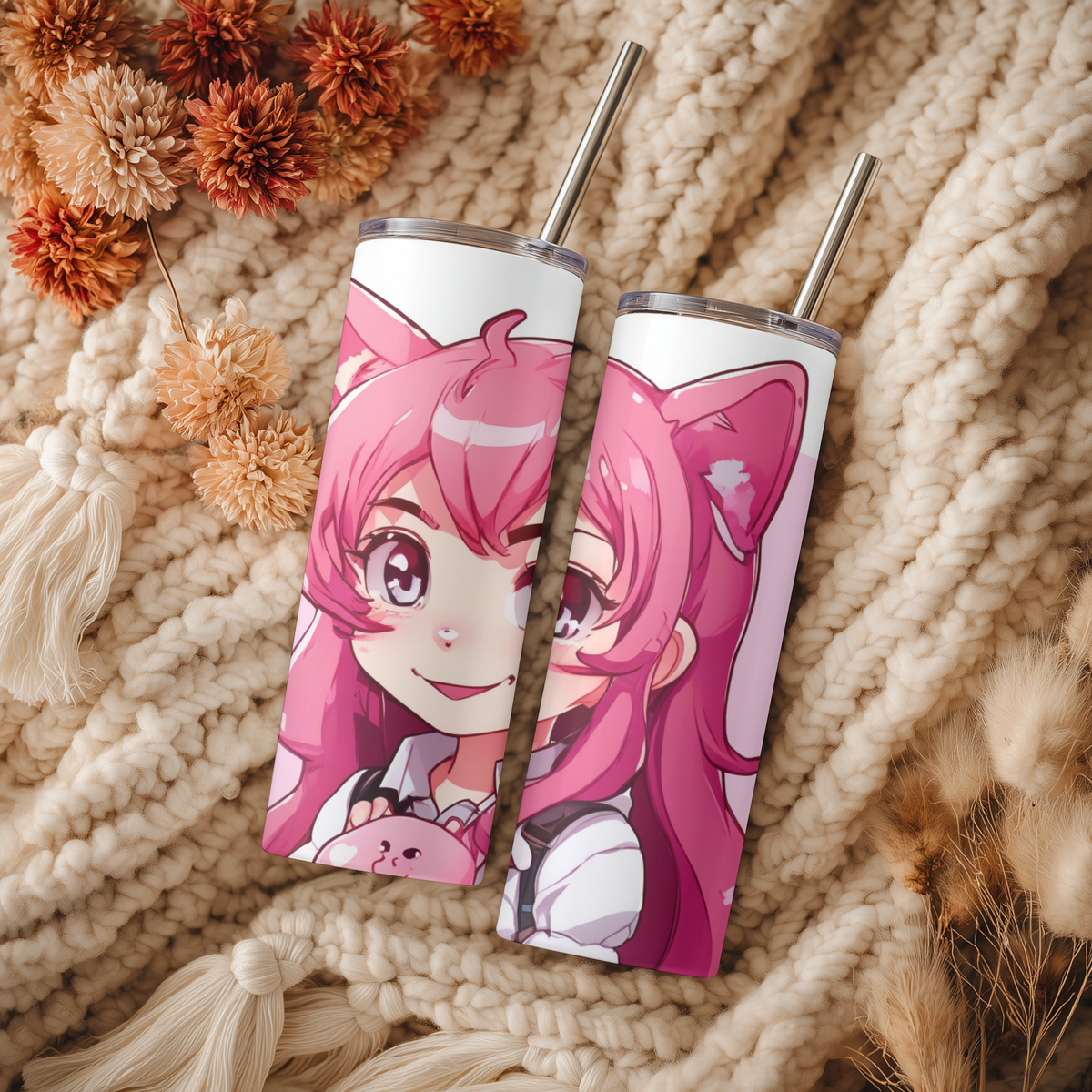 Cute Anime Cat Girl 20oz Skinny Tumbler with Straw | Pink Neko Chibi Cup