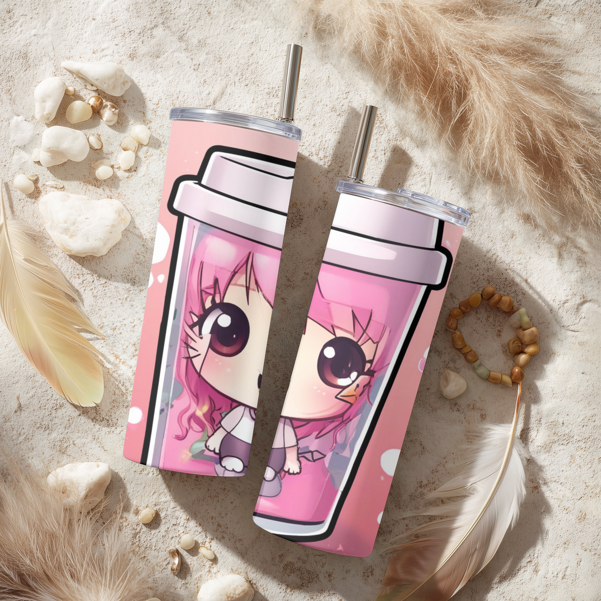 Cute Anime Girl Boba Cup 20oz Skinny Tumbler with Straw | Pink Kawaii Bubble Tea Mug